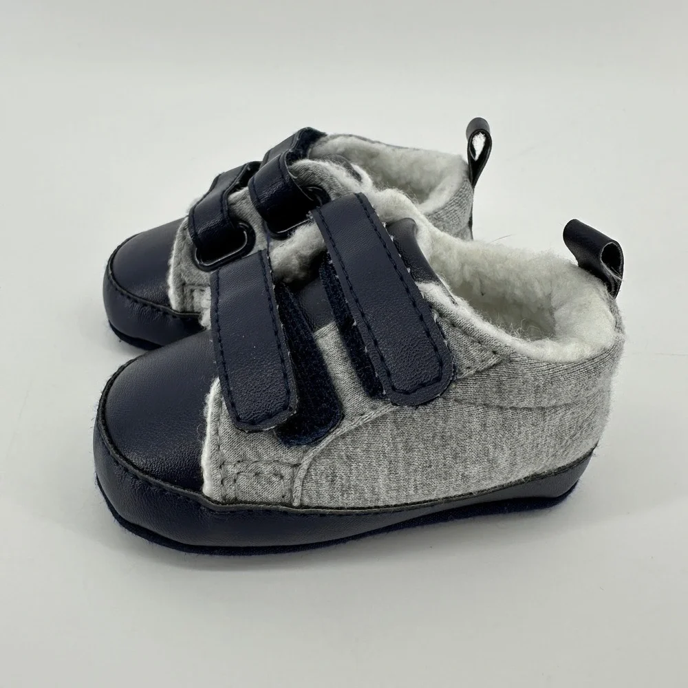Gymboree Baby Boy Sherpa-Lined Sneakers Navy Gray Size 2 Hook & Loop Crib Shoes